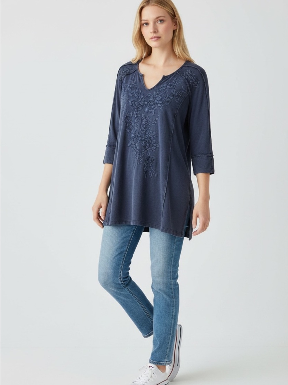 Soft Surroundings Navy Embroidered V-Notch Tunic